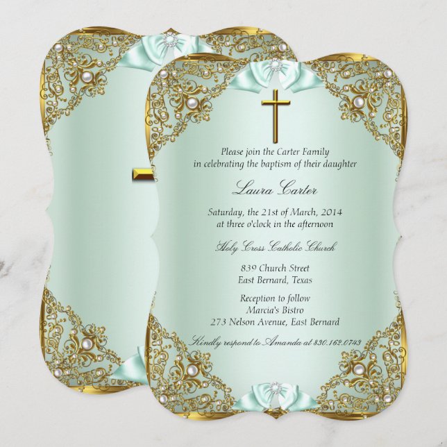 Mint Gold Pearl Damask Cross Baptism Christening Invitation (Front/Back)