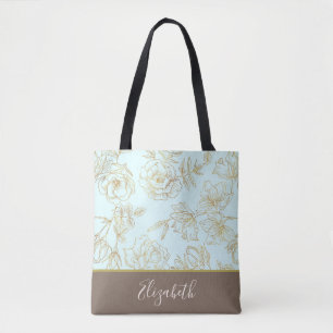 mint gold roses monogram tote bag