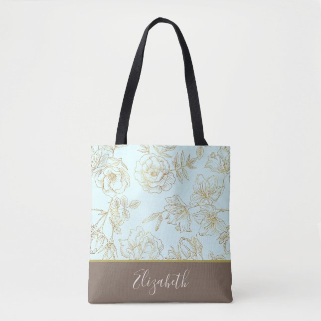 mint gold roses monogram tote bag (Front)