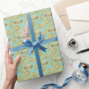 Mint Gold Sparkle Glitz Lips Kisses Wrapping Paper