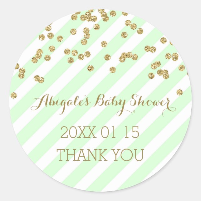 Mint Gold Stripes Baby Shower Favour Sticker (Front)