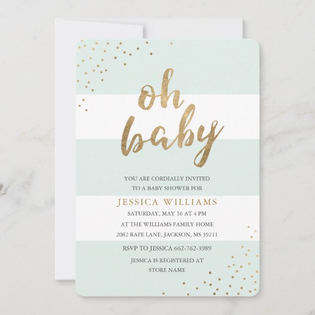 Mint & Gold Stripes Confetti Oh Baby Shower Invite (Front)