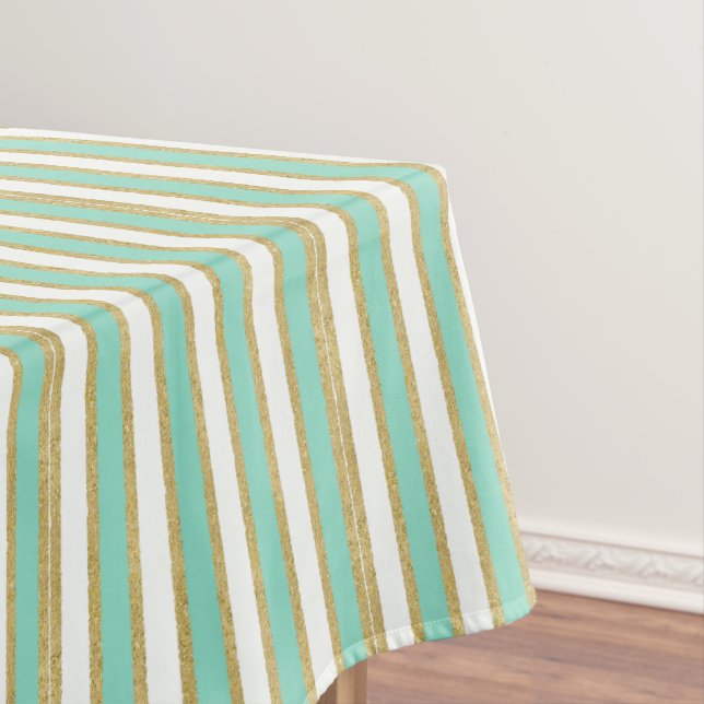 Mint Gold Stripes Modern Tablecloth (In Situ)