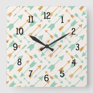 Mint Gold Tribal Aztec Arrows pattern clock