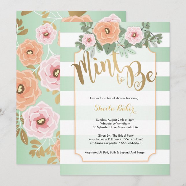 Mint & Gold Wedding Shower Invitation - Mint to Be (Front/Back)