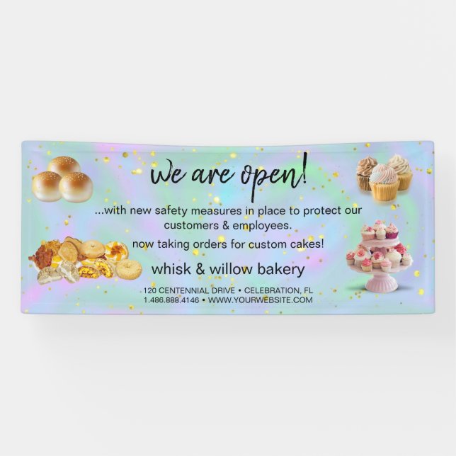 Mint & Gold Whisk Bakery Business Reopening blue  Banner (Horizontal)