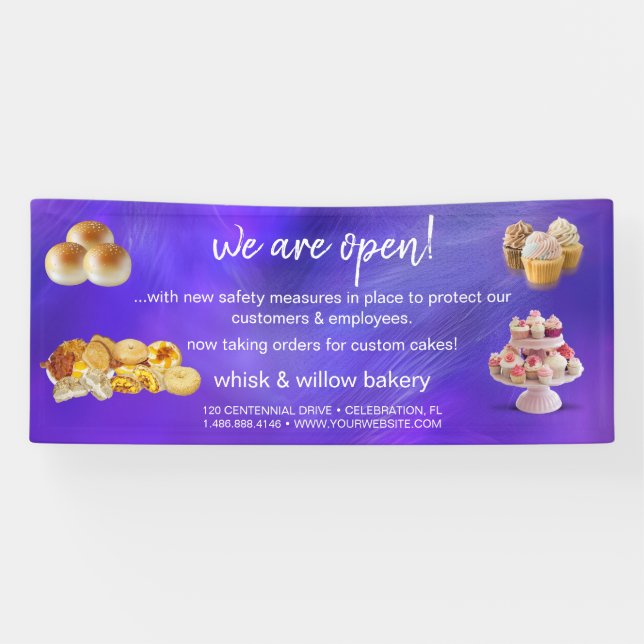 Mint & Gold Whisk Bakery Business Reopening Purple Banner (Horizontal)
