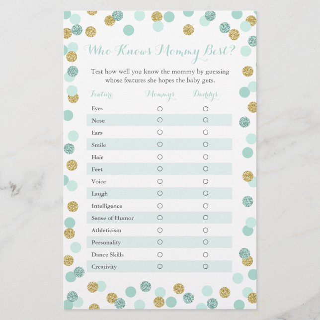 Mint Gold Who Knows Mummy Best Baby Shower Game (Front)