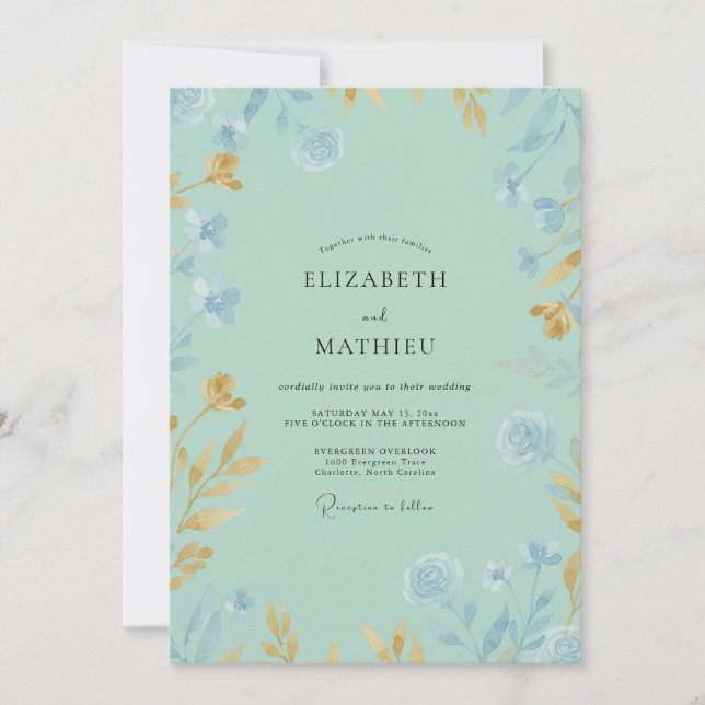 Mint Golden Wildflower Wedding Invitation (Front)