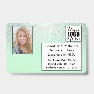 Mint Gradient Glitter Photo Logo Employee ID Badge