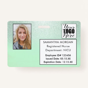 Mint Gradient Glitter Photo Logo Employee ID Badge