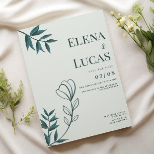 Mint grayish cyan abstract sketch floral wedding invitation