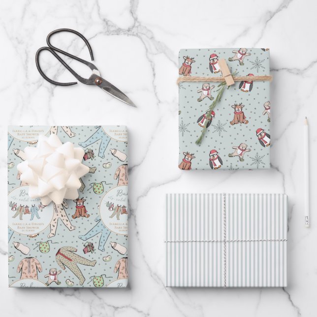 Mint Gree Baby Its Cold Outside Winter Baby Shower Wrapping Paper Sheet (Front)