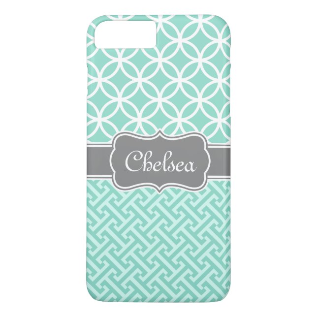 Mint Greek Key and Circle Patterns Grey Name Case-Mate iPhone Case (Back)