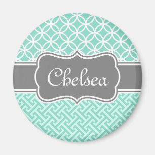 Mint Greek Key and Circle Patterns Grey Name Magnet