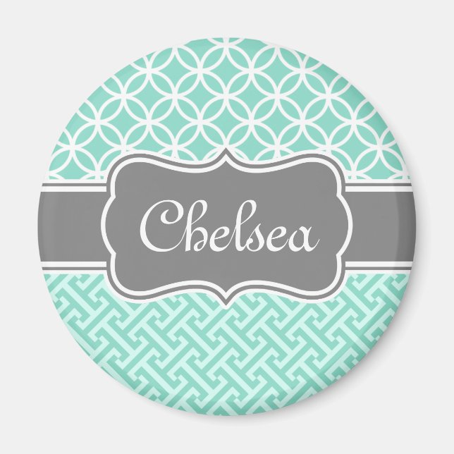 Mint Greek Key and Circle Patterns Grey Name Magnet (Front)