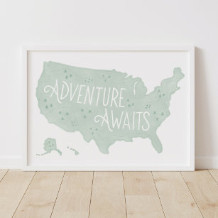 Mint Green Adventure Awaits US Map Kids Room Decor