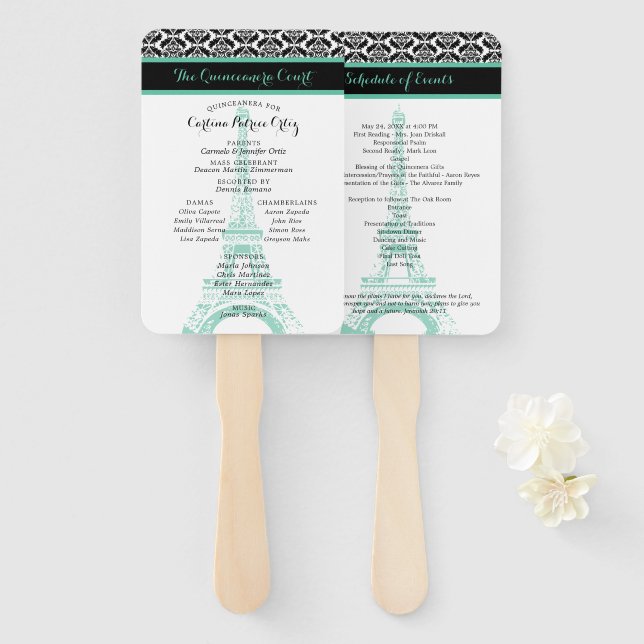 Mint Green and Black Paris Quinceanera Program Hand Fan (Front and Back)