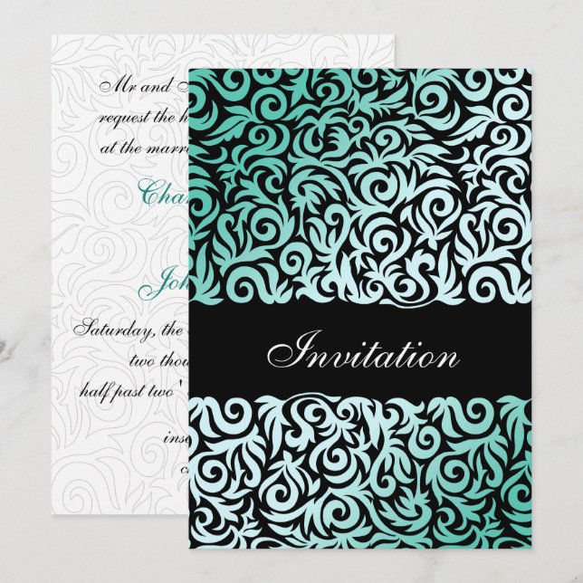 Mint Green and Black Swirling Border Wedding Invitation (Front/Back)
