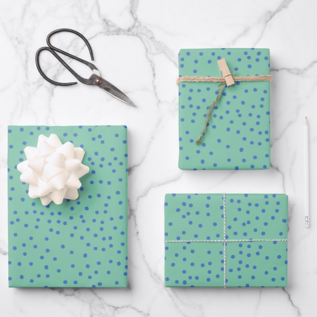 Mint Green and Blue Polka Dot Pattern  Wrapping Paper Sheet (Front)