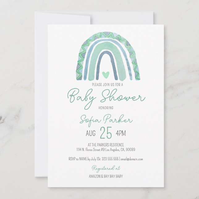 Mint-green and blue tone boho rainbow invitation (Front)