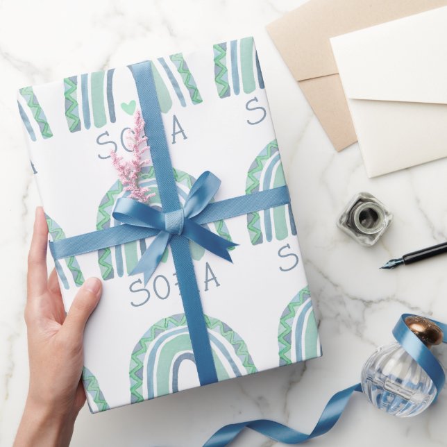 Mint-green and blue tone boho rainbow wrapping paper (Gifting)