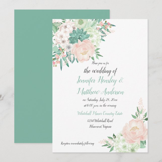Mint Green and Blush Watercolor Floral Wedding Invitation (Front/Back)