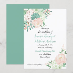 Mint Green and Blush Watercolor Floral Wedding Invitation