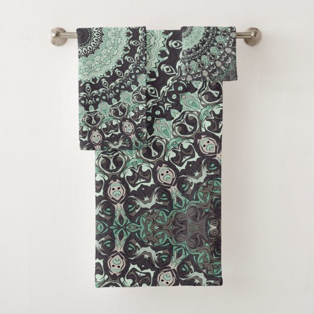 Mint Green and Charcoal Mandala Pattern Bath Towel Set (Insitu)