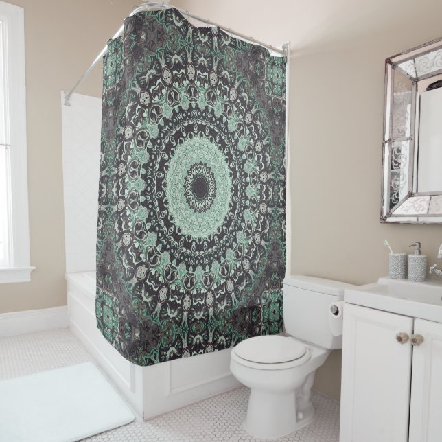 Mint Green and Charcoal Mandala Pattern Shower Curtain (In Situ)