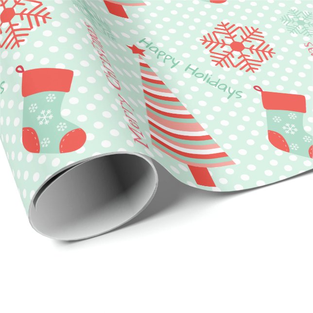 Mint Green and Coral Christmas Wrapping Paper (Roll Corner)