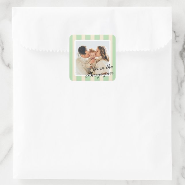 Mint Green and Cream Chic Vertical Stripes Photo Square Sticker (Bag)