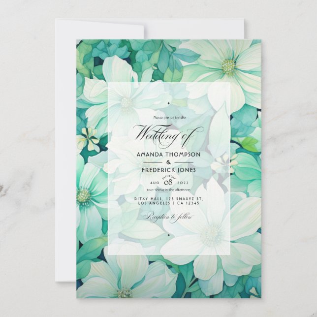 Mint Green and Eggshell Floral Summer Wedding Invitation (Front)