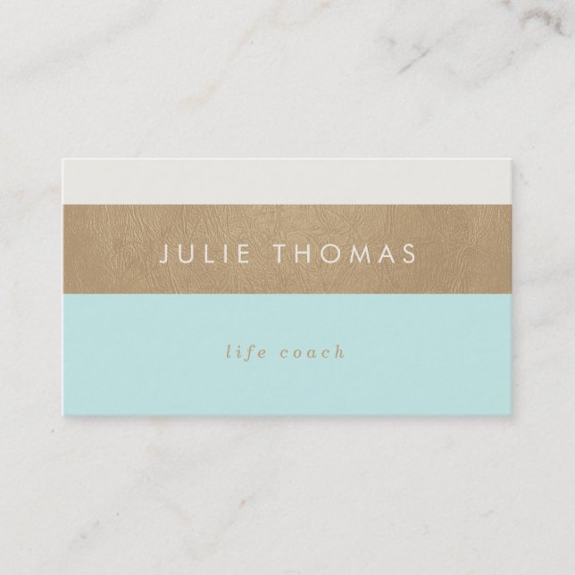 mint green and faux gold leather business card (Front)