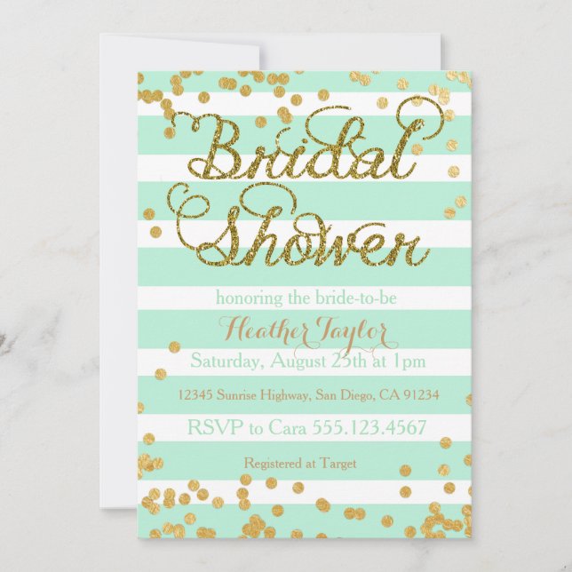 Mint Green and Gold Bridal Shower invitation (Front)