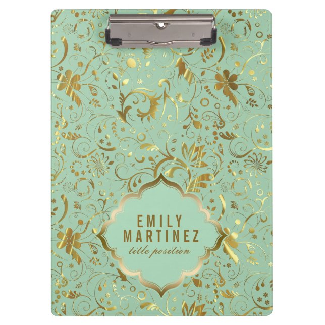 Mint Green And Gold Floral Fabric Pattern Clipboard (Front)