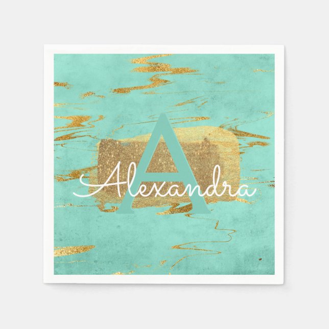 Mint Green and Gold Foil Elegant Marble Birthday Napkin (Front)