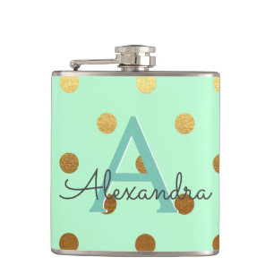 Mint Green and Gold Foil Polka Dots Party Hip Flask