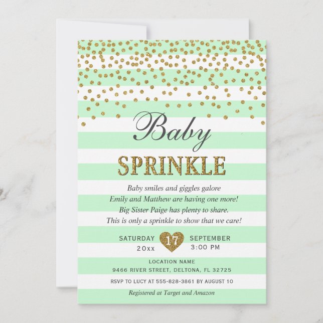 Mint Green and Gold Gender Neutral Baby Sprinkle Invitation (Front)