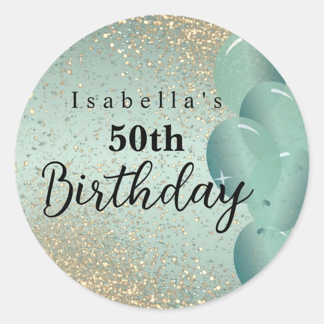 Mint Green and Gold Glitter Birthday  Classic Round Sticker (Front)