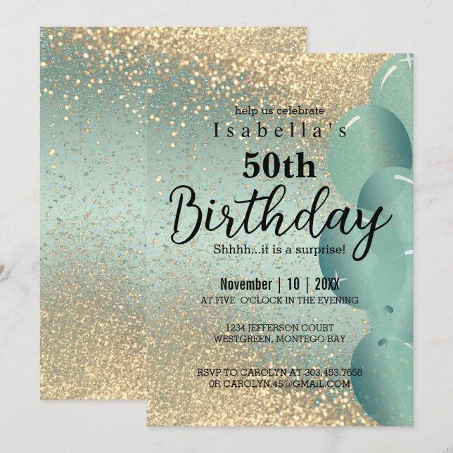 Mint Green and Gold Glitter Birthday Invitation (Front/Back)