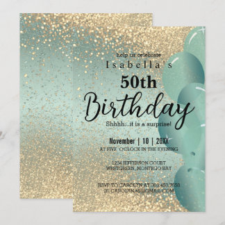 Mint Green and Gold Glitter Birthday Invitation