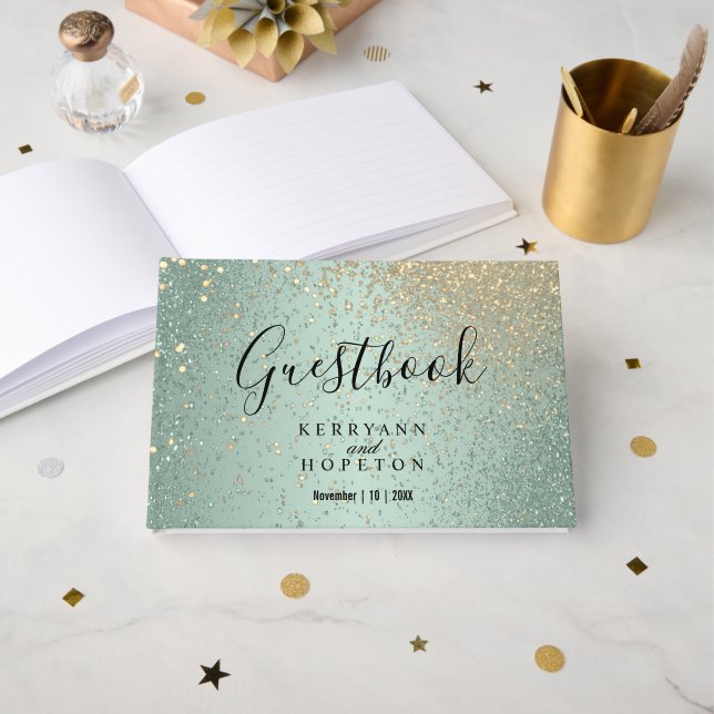 Mint Green and Gold Glitter   Guest Book (Front Open)
