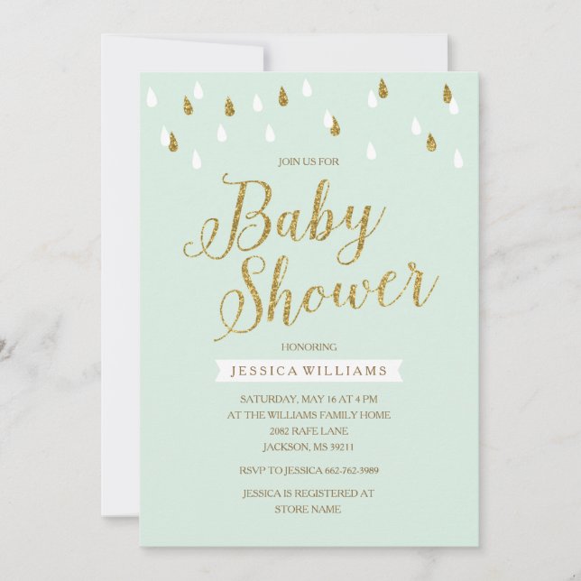 Mint Green and Gold Glitter Raindrops Baby Shower Invitation (Front)
