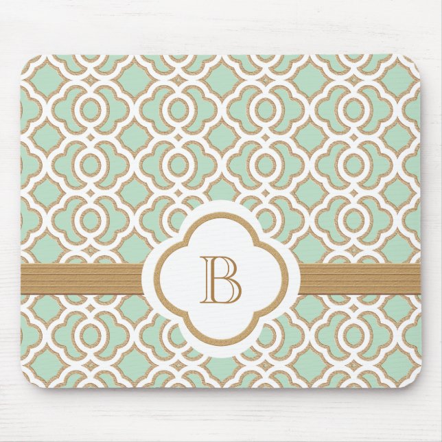 Mint Green and Gold Moroccan Monogrammed Mouse Mat (Front)