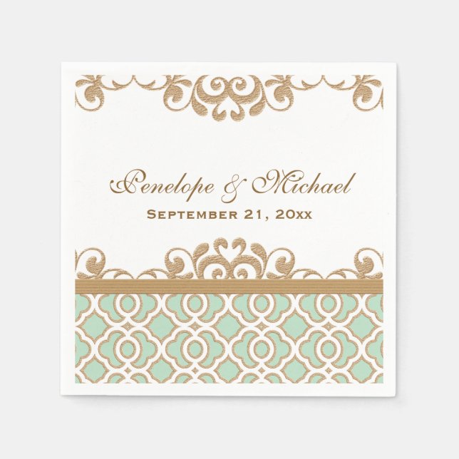Mint Green and Gold Moroccan Wedding Napkin (Front)