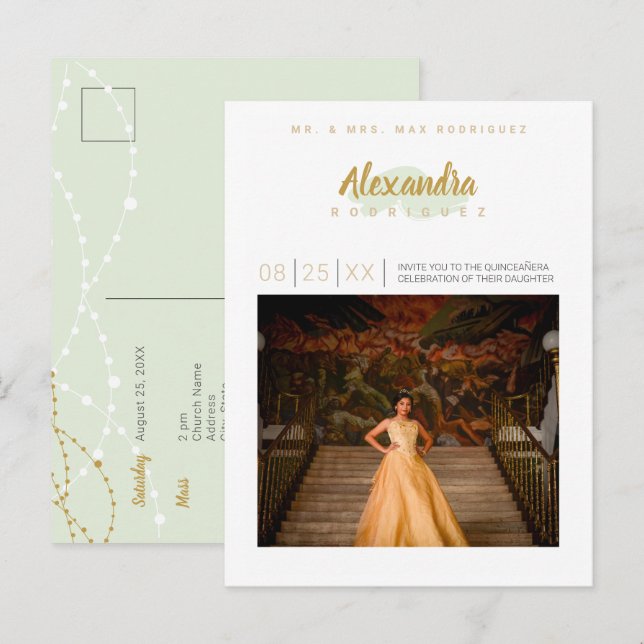 Mint Green and Gold Photo Quinceanera Invitation Postcard (Front/Back)