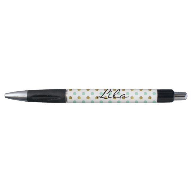 Mint Green and Gold Polka Dot Pen (Front)