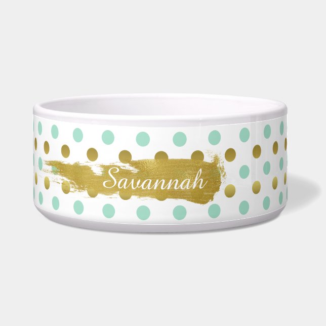 Mint Green and Gold Polka Dots Custom Pet Bowl (Front)