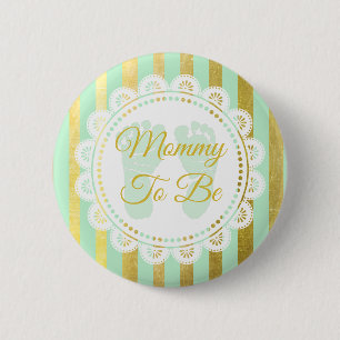 Mint Green and Gold Striped Mommy to Be Button